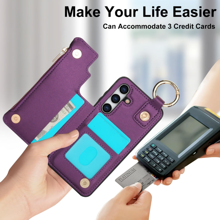 For Samsung Galaxy S24+ 5G RFlD Anti-theft Double Buckle Ring Zipper Card Phone Case(Dark Purple)