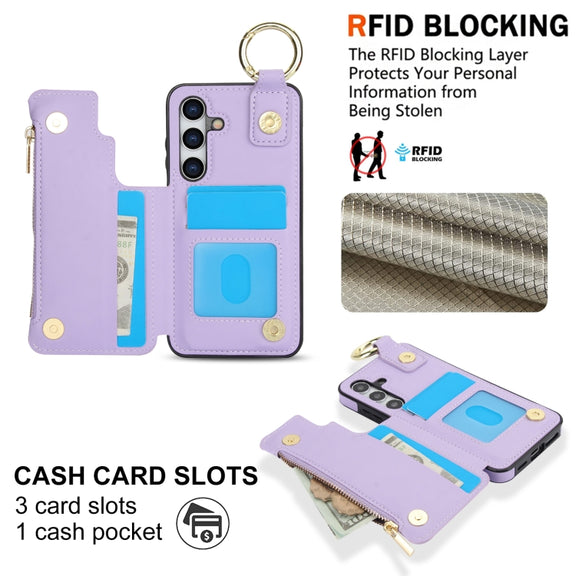 For Samsung Galaxy S24+ 5G RFlD Anti-theft Double Buckle Ring Zipper Card Phone Case(Purple)