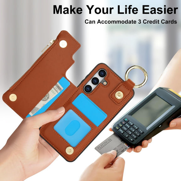 For Samsung Galaxy S24+ 5G RFlD Anti-theft Double Buckle Ring Zipper Card Phone Case(Brown)