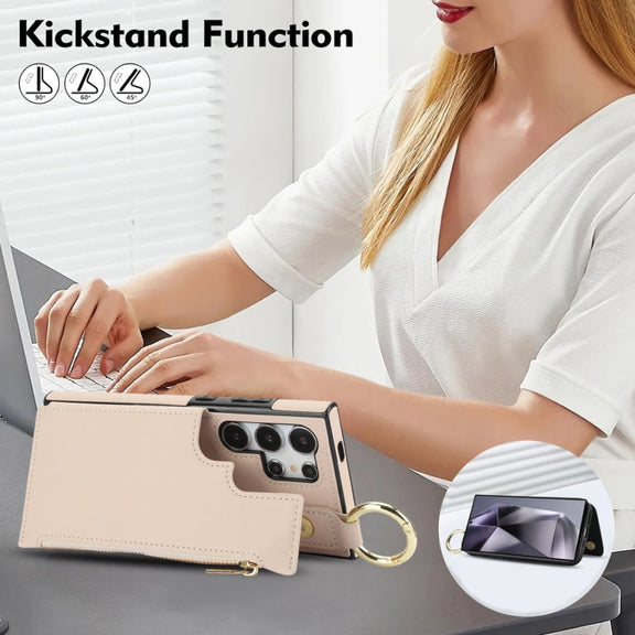 For Samsung Galaxy S24 Ultra 5G RFlD Anti-theft Double Buckle Ring Zipper Card Phone Case(White)