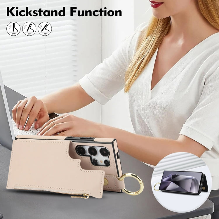 For Samsung Galaxy S24 Ultra 5G RFlD Anti-theft Double Buckle Ring Zipper Card Phone Case(White)
