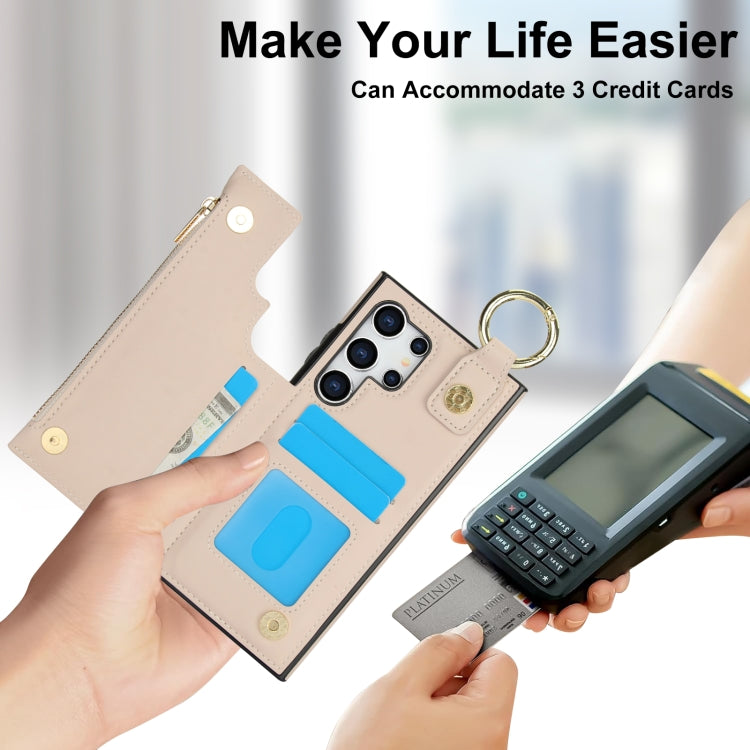 For Samsung Galaxy S24 Ultra 5G RFlD Anti-theft Double Buckle Ring Zipper Card Phone Case(White)