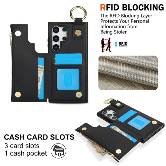 For Samsung Galaxy S24 Ultra 5G RFlD Anti-theft Double Buckle Ring Zipper Card Phone Case(Black)