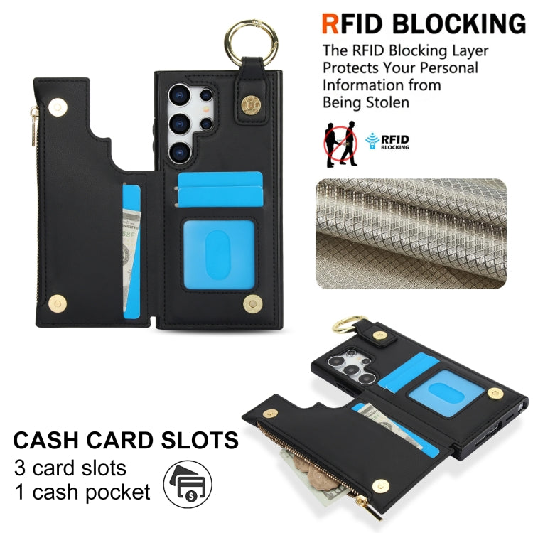 For Samsung Galaxy S24 Ultra 5G RFlD Anti-theft Double Buckle Ring Zipper Card Phone Case(Black)