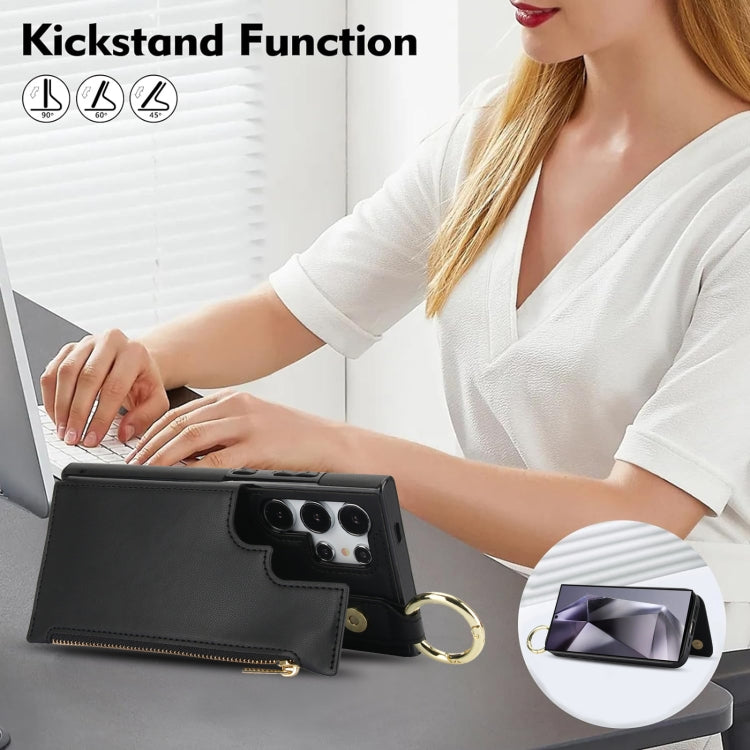 For Samsung Galaxy S24 Ultra 5G RFlD Anti-theft Double Buckle Ring Zipper Card Phone Case(Black)