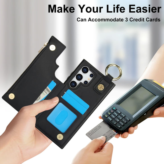 For Samsung Galaxy S24 Ultra 5G RFlD Anti-theft Double Buckle Ring Zipper Card Phone Case(Black)