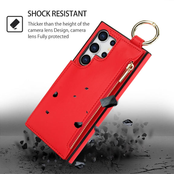 For Samsung Galaxy S24 Ultra 5G RFlD Anti-theft Double Buckle Ring Zipper Card Phone Case(Red)