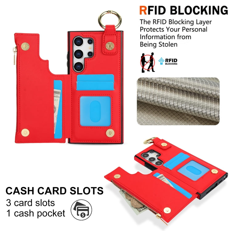 For Samsung Galaxy S24 Ultra 5G RFlD Anti-theft Double Buckle Ring Zipper Card Phone Case(Red)