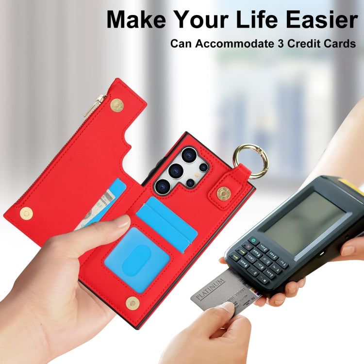 For Samsung Galaxy S24 Ultra 5G RFlD Anti-theft Double Buckle Ring Zipper Card Phone Case(Red)