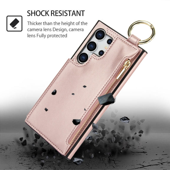 For Samsung Galaxy S24 Ultra 5G RFlD Anti-theft Double Buckle Ring Zipper Card Phone Case(Rose Gold)