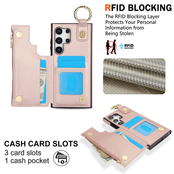 For Samsung Galaxy S24 Ultra 5G RFlD Anti-theft Double Buckle Ring Zipper Card Phone Case(Rose Gold)
