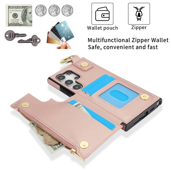 For Samsung Galaxy S24 Ultra 5G RFlD Anti-theft Double Buckle Ring Zipper Card Phone Case(Rose Gold)