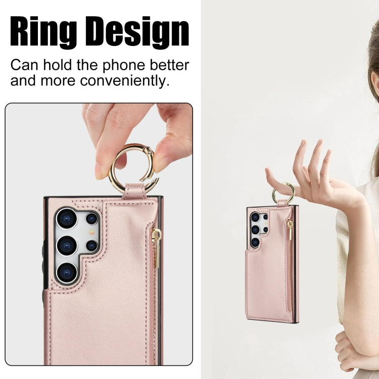 For Samsung Galaxy S24 Ultra 5G RFlD Anti-theft Double Buckle Ring Zipper Card Phone Case(Rose Gold)