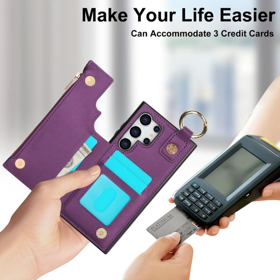 For Samsung Galaxy S24 Ultra 5G RFlD Anti-theft Double Buckle Ring Zipper Card Phone Case(Dark Purple)