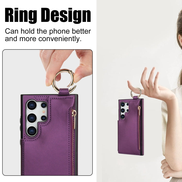 For Samsung Galaxy S24 Ultra 5G RFlD Anti-theft Double Buckle Ring Zipper Card Phone Case(Dark Purple)