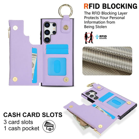 For Samsung Galaxy S24 Ultra 5G RFlD Anti-theft Double Buckle Ring Zipper Card Phone Case(Purple)