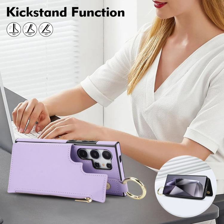For Samsung Galaxy S24 Ultra 5G RFlD Anti-theft Double Buckle Ring Zipper Card Phone Case(Purple)