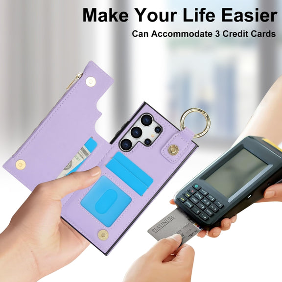 For Samsung Galaxy S24 Ultra 5G RFlD Anti-theft Double Buckle Ring Zipper Card Phone Case(Purple)