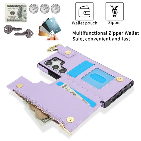 For Samsung Galaxy S24 Ultra 5G RFlD Anti-theft Double Buckle Ring Zipper Card Phone Case(Purple)