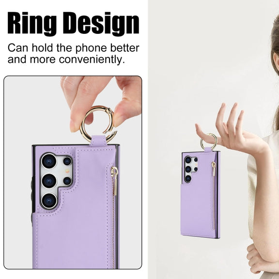 For Samsung Galaxy S24 Ultra 5G RFlD Anti-theft Double Buckle Ring Zipper Card Phone Case(Purple)