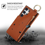 For Samsung Galaxy S24 Ultra 5G RFlD Anti-theft Double Buckle Ring Zipper Card Phone Case(Brown)