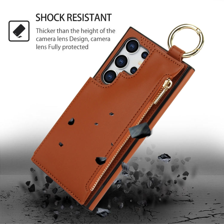 For Samsung Galaxy S24 Ultra 5G RFlD Anti-theft Double Buckle Ring Zipper Card Phone Case(Brown)