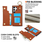 For Samsung Galaxy S24 Ultra 5G RFlD Anti-theft Double Buckle Ring Zipper Card Phone Case(Brown)