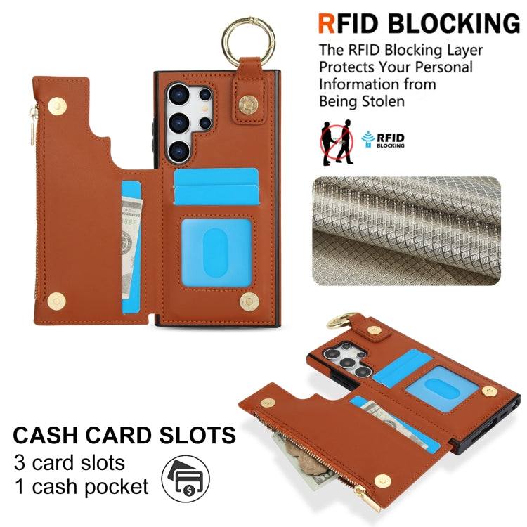 For Samsung Galaxy S24 Ultra 5G RFlD Anti-theft Double Buckle Ring Zipper Card Phone Case(Brown)