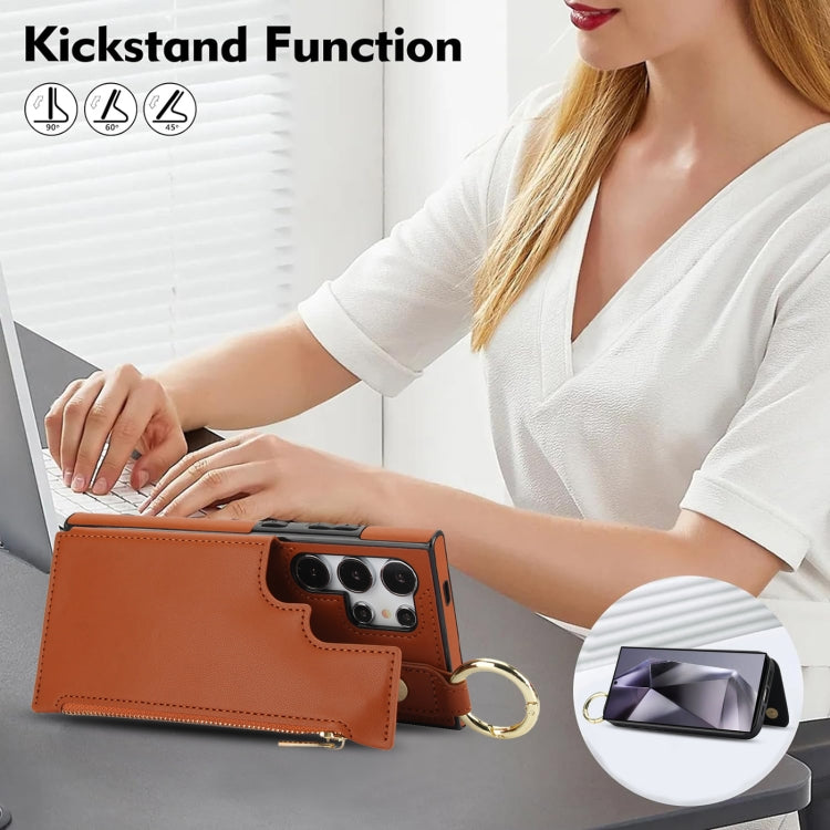 For Samsung Galaxy S24 Ultra 5G RFlD Anti-theft Double Buckle Ring Zipper Card Phone Case(Brown)