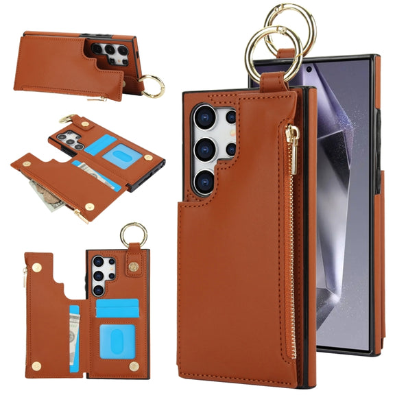 For Samsung Galaxy S24 Ultra 5G RFlD Anti-theft Double Buckle Ring Zipper Card Phone Case(Brown)
