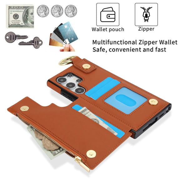 For Samsung Galaxy S24 Ultra 5G RFlD Anti-theft Double Buckle Ring Zipper Card Phone Case(Brown)
