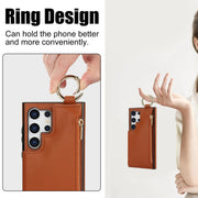 For Samsung Galaxy S24 Ultra 5G RFlD Anti-theft Double Buckle Ring Zipper Card Phone Case(Brown)