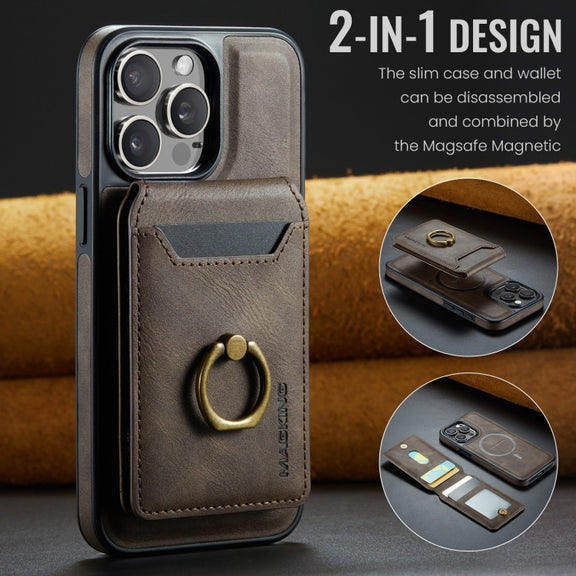 For iPhone 15 Pro MAGKING K1 MagSafe Detachable Wallet RFID Back Cover Phone Case(Coffee)