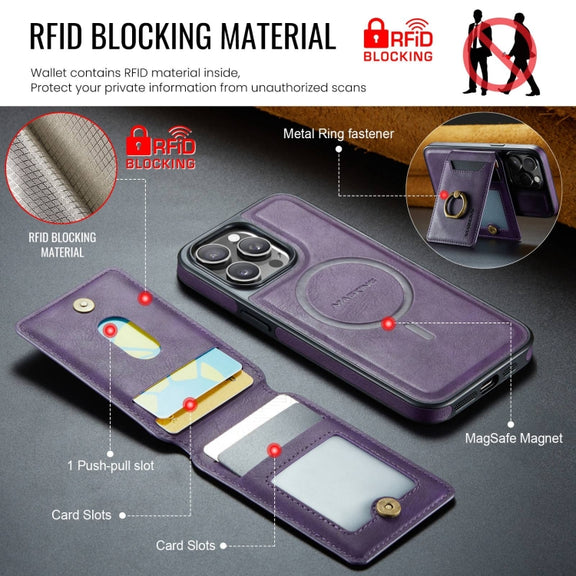 For iPhone 14 DG.MING K1 MagSafe Detachable Wallet RFID Back Cover Phone Case(Purple)