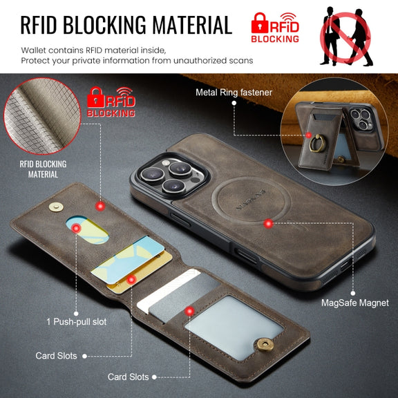 For iPhone 16 Pro Max DG.MING K1 MagSafe Detachable Wallet RFID Back Cover Phone Case(Coffee)