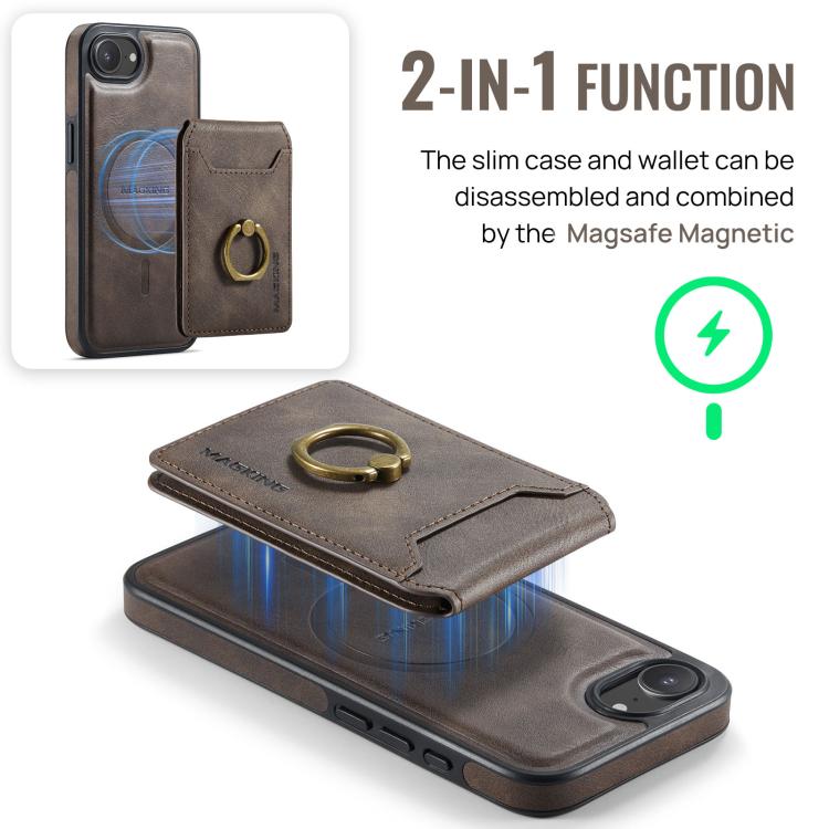 For iPhone 16e DG.MING K1 MagSafe Detachable Wallet RFID Back Cover Phone Case(Coffee)