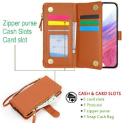 For Samsung Galaxy S24 5G Wristband Holder Zipper Purse RFID Leather Phone Case(Brown)