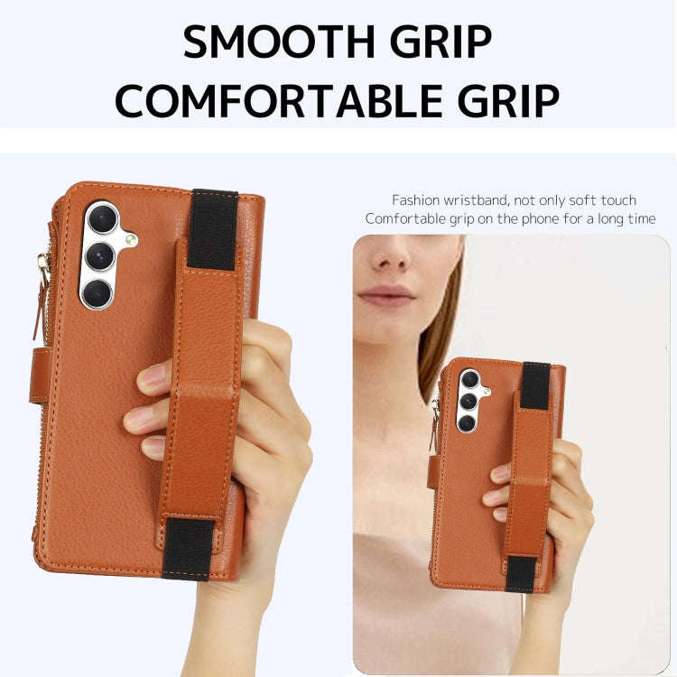 For Samsung Galaxy S24 5G Wristband Holder Zipper Purse RFID Leather Phone Case(Brown)