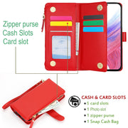 For Samsung Galaxy S24 5G Wristband Holder Zipper Purse RFID Leather Phone Case(Red)