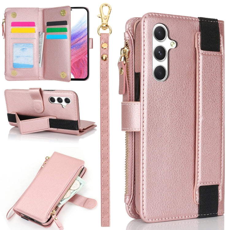 For Samsung Galaxy S24 5G Wristband Holder Zipper Purse RFID Leather Phone Case(Rose Gold) - free shipping - PMC Jewellery - Order now!