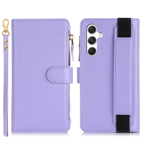For Samsung Galaxy S24 5G Wristband Holder Zipper Purse RFID Leather Phone Case(Purple)