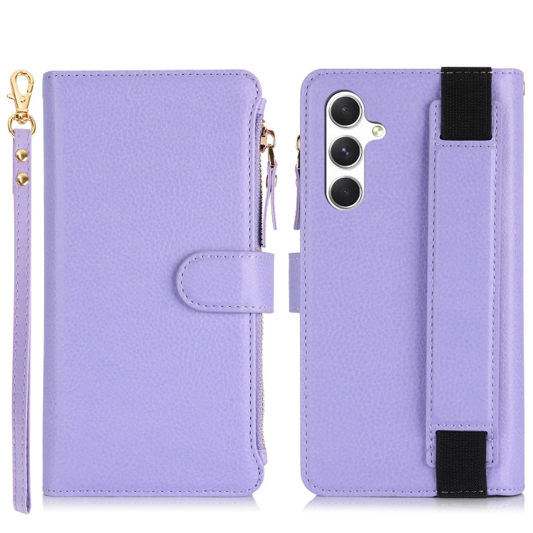 For Samsung Galaxy S24 5G Wristband Holder Zipper Purse RFID Leather Phone Case(Purple)