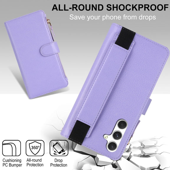 For Samsung Galaxy S24 5G Wristband Holder Zipper Purse RFID Leather Phone Case(Purple)
