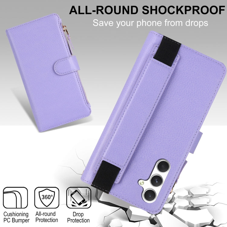 For Samsung Galaxy S24 5G Wristband Holder Zipper Purse RFID Leather Phone Case(Purple)