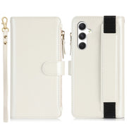 For Samsung Galaxy S24 5G Wristband Holder Zipper Purse RFID Leather Phone Case(White)