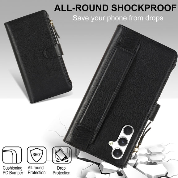 For Samsung Galaxy S24+ 5G Wristband Holder Zipper Purse RFID Leather Phone Case(Black)