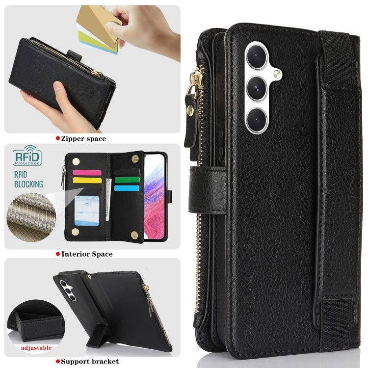 For Samsung Galaxy S24+ 5G Wristband Holder Zipper Purse RFID Leather Phone Case(Black)