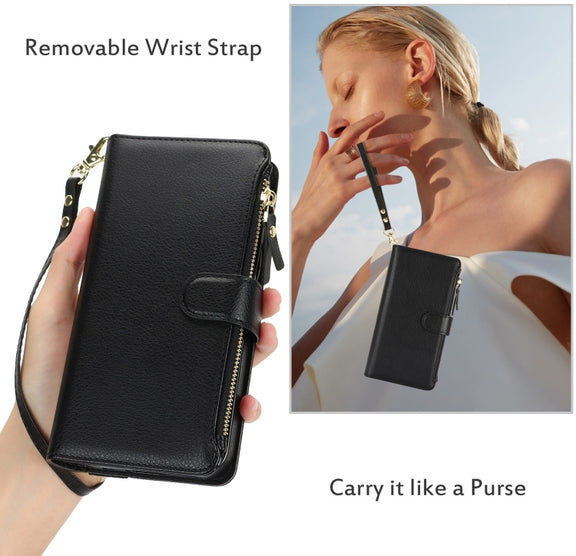 For Samsung Galaxy S24+ 5G Wristband Holder Zipper Purse RFID Leather Phone Case(Black)