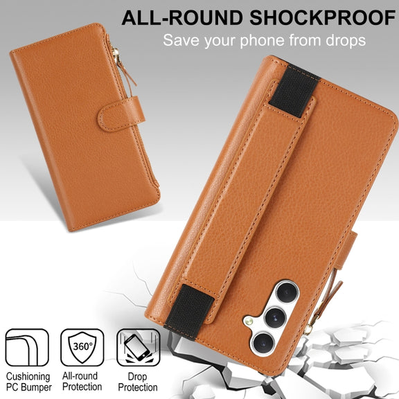 For Samsung Galaxy S24+ 5G Wristband Holder Zipper Purse RFID Leather Phone Case(Brown)