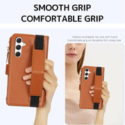 For Samsung Galaxy S24+ 5G Wristband Holder Zipper Purse RFID Leather Phone Case(Brown)